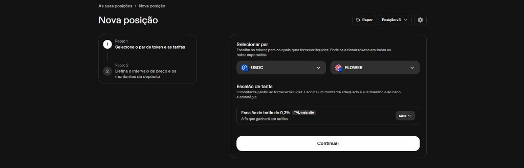 Uniswap Step 1 — select USDC/FLOWER and 0.3% fee