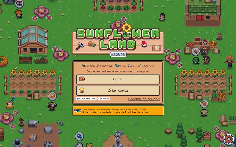 Sunflower Land welcome screen: Login and Create account